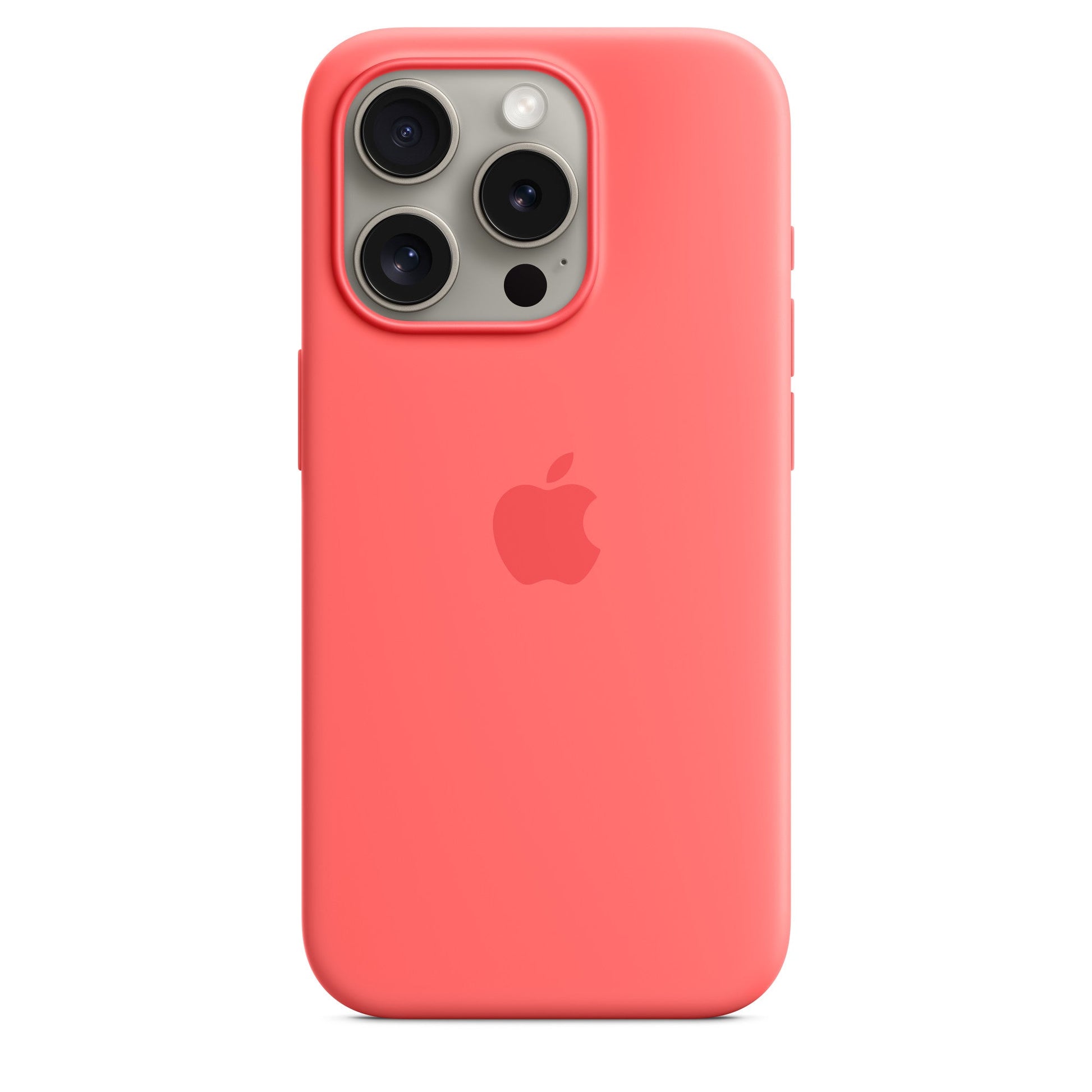 Coral-colored phone case with Apple logo on a white background